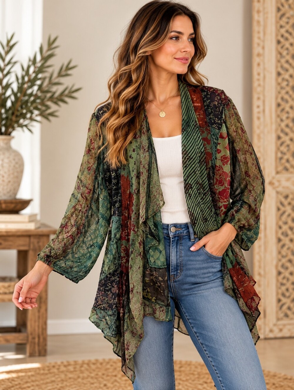 🌵599.Bohemian Green Patchwork Lightweight Kimono Sweater